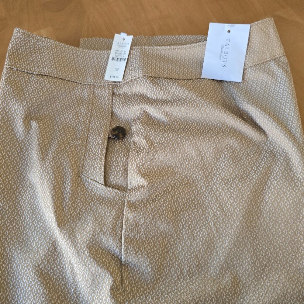 Talbots Petite Stretch Jacquard Pants Tan Print Pants‎ Zip Front Size 12P NWT